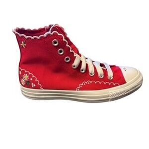 Converse All Star High Top Red Sneakers Scalloped Floral Embroidered New 8.5